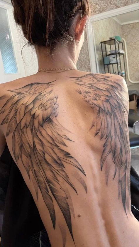 Wing Neck Tattoo For Women, Tattered Wings Tattoo, Torn Wings Tattoo, Full Back Wings Tattoo For Women, Full Back Angel Wings Tattoo, Eagle Back Tattoo For Women, Back Tattoo Women Wing, Back Tattoo Wings Women, Angel Wing Back Tattoo Women