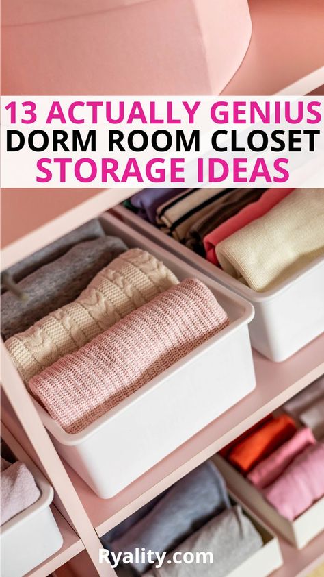 Omg I'm definitely trying these dorm storage ideas for my closet when I move in Room Closet Organization Ideas, Dorm Room Closet Organization, Dorm Closet Storage, Room Closet Organization, Dorm Storage Ideas, Dorm Closet Organization, Closet Organization Hacks, Dorm Room Closet, Clothes Organization Small Space