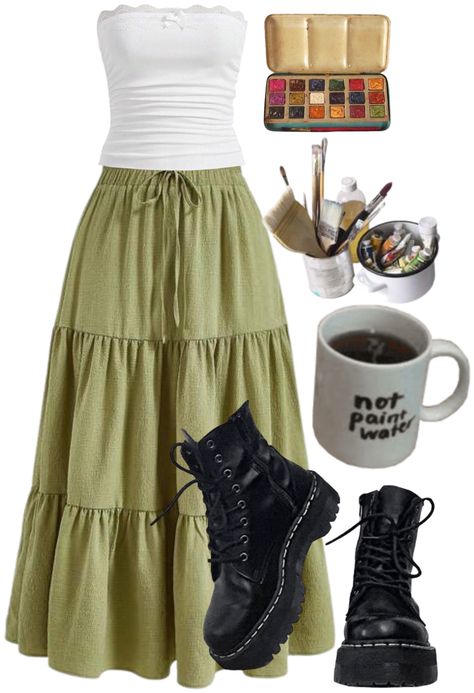 I love the long skirts in fashion they are so pretty! #skirt #art #drmartens Skirt Doc Martens Outfit, Jess Outfits, Art Girl Outfit, Green Skirt Outfits, Yellow Maxi Skirts, Vans Outfits, Long Green Skirt, Doc Marten Boots, Crystal Girl