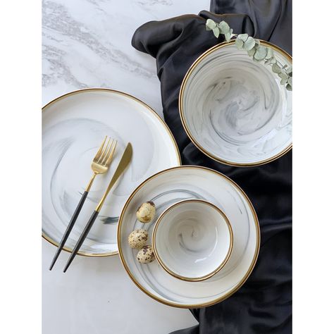 Mercer41 Hanway Ceramic Dinnerware Set | Wayfair Assiette Design, Marble Plates, Ceramic Dinnerware Set, Marble Ceramics, Tableware Design, Gold Ceramic, Ceramic Dinnerware, Soup Plating, Phnom Penh