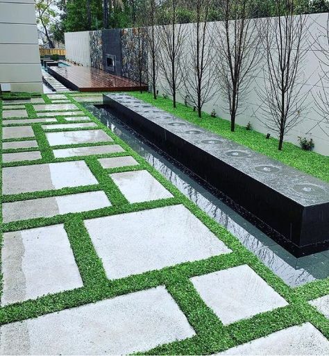 A landscaped backyard using Dichondra repens - Using this alternative grass in between the pavers Diy Paving Ideas, Plant Tiles, Dichondra Repens, Tiles Australia, Diy Paving, Concrete Pavers Walkway, Pavers Walkway, Sidewalk Landscaping, Walkway Designs