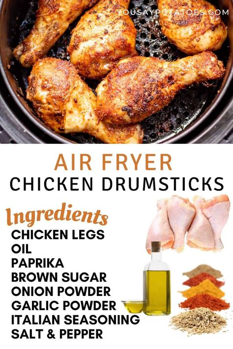 Fried chicken legs in an air fryer, with text: air fryer chicken drumsticks and a list of ingredients. Air Fryer Chicken Leg Recipe, Chicken Legs Recipes, Legs In The Air, Chicken Drums, Chicken Leg Recipes, Fry Chicken, Cooks Air Fryer, Drumstick Recipes, Chicken Drumstick Recipes