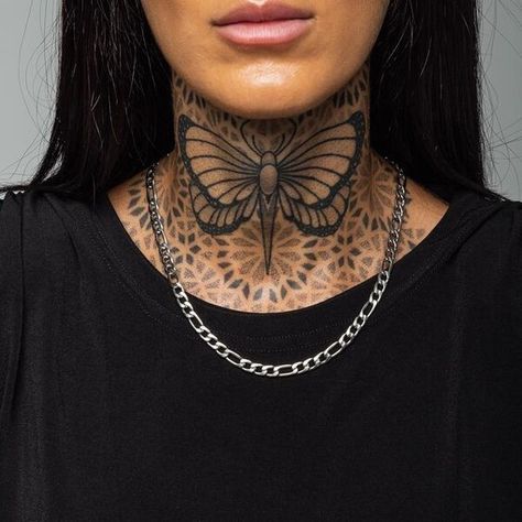 Current trends for throat female neck tattoos in 2022. Choose the best women's throat tattoos from our list with an explanation of the meanings. Neck Chest Tattoos Women, Feminine Throat Tattoos, Neck Tattoos Women Throat, Throat Tattoos Women, Geometric Throat Tattoo, Hand Tattoo Cover Up, Chest Neck Tattoo, Neck Tattoo Women, Front Neck Tattoo