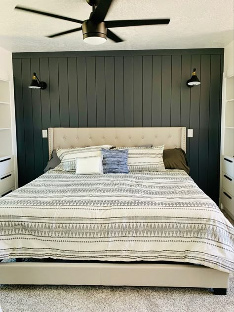 Vertical shiplap. Master bedroom remodel Black Vertical Shiplap Bedroom, Horizontal Accent Wall Bedroom, Ship Lapped Bedroom Walls, Vertical Shiplap Master Bed, Shiplap On Slanted Wall, Dark Green Vertical Shiplap, Verticle Wood Plank Wall, Shiplap Sheets Planked Walls, Vertical Shiplap Behind Bed