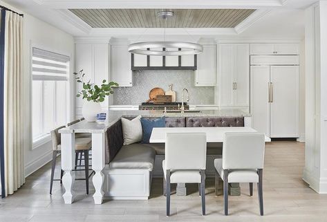 L Shaped Dining Banquette on L Shaped Kitchen Island - Transitional - Kitchen Kitchen Island Banquette, Kitchen Island With Bench Seating, Kitchen Banquettes, Seating In Kitchen, Banquette Dining, Island Dining Table, Kitchen Island Dining Table, Kitchen Peninsula, Dining Banquette