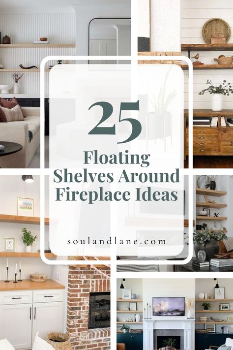 Elevate the elegance of your fireplace area with strategically placed floating shelves, creating a harmonious blend of form and function. These shelves offer a perfect solution for showcasing your treasured collections, art pieces, or even seasonal decorations, adding personal touches to the warmth of the fireplace. Discover how to select the right size, style, and finish of floating shelves to enhance your living space's aesthetic, from traditional to contemporary. Cabinets And Shelves Next To Fireplace, Storage Next To Fireplace Ideas, Fireplace Tv Wall Floating Shelves, Bookcase On Either Side Of Fireplace, Decorating Shelves Next To Fireplace, What To Put On The Sides Of A Fireplace, Floating Shelves Flanking Fireplace, Fireplace Shelving Ideas Floating, Shelving Ideas For Living Room Fireplace