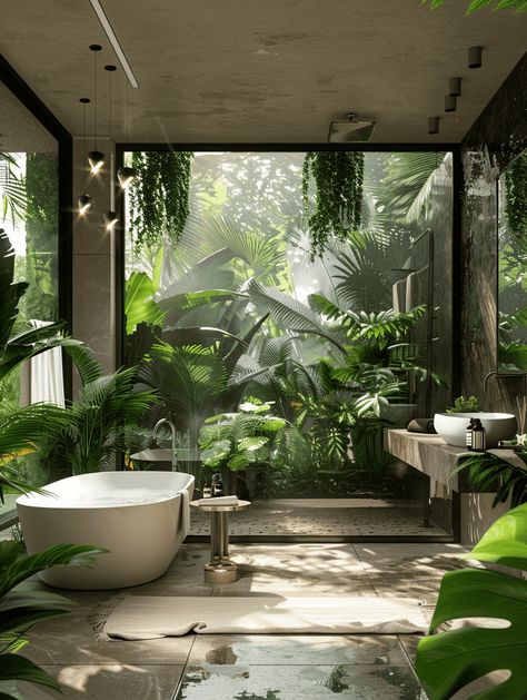 Tropical Bathrooms: Ocean-Inspired Shower Design Rainforest House Design, Rainforest Bathroom Ideas, Rainforest Bathroom, Tropical Houses Interior, Tropical Bathrooms, Tropical Bathroom Ideas, Suffolk House, Bathroom Concepts, Tropical Interiors