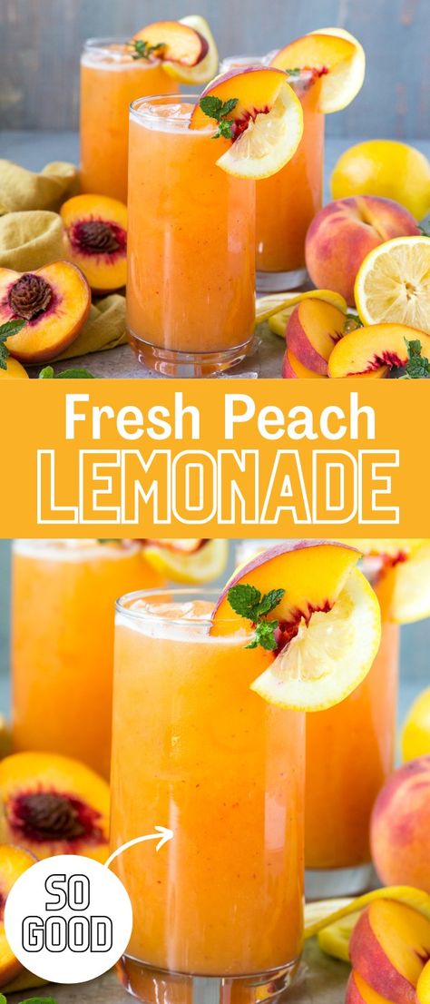 Fresh peach lemonade and easy summer drink made with just a few simple ingredients. Fresh Peach Drinks Non Alcoholic, Refreshing Peach Lemonade, Peach Lemonade Aesthetic, Juicing Recipes With Peaches, Peach Mango Lemonade, How To Make Peach Lemonade, Pretty Lemonade Drinks, Homemade Peach Lemonade, Peach Juice Recipes Healthy