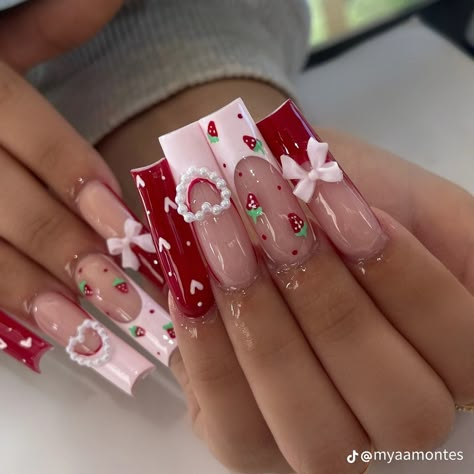 Uñas Coquette, Coquette Nails, Really Cute Nails, Acrylic Nails Coffin Pink, Long Square Acrylic Nails, Nail Sets, Nail Swag, Kawaii Nails, Summer Acrylic Nails