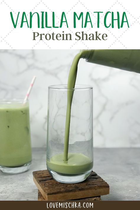 Creamy, bright green matcha protein shake is poured into a tall glass from a portable blender. Another tall glass, full of bright green matcha protein shake, sits behind it, with a white and pink polka dot, paper straw. Protien Smoothies Recipes Matcha, Vanilla Premier Protein Smoothie Recipes, Macha Green Tea Protein Shake, Healthy High Protein Shakes, Avocado Protein Shake, Protein Drink Recipes Powder, Matcha Collagen Smoothie, Matcha Vanilla Protein Shake, Organic Protein Shake Recipes