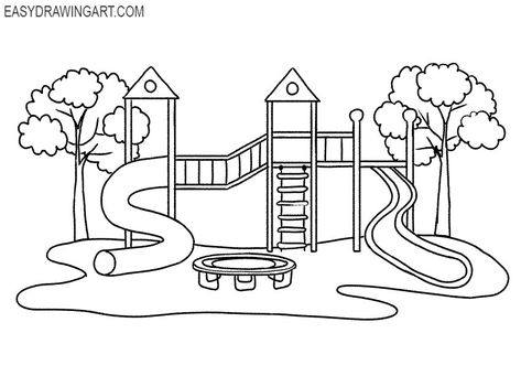 playground drawing lesson How To Draw A Park, School Playground Drawing, Playground Drawing Easy, Playground Doodle, Park Drawing For Kids, Water Park Drawing, Park Drawing Easy, Playground Sketch, Playground Drawing