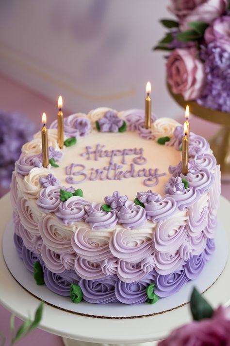 Purple Rosette Birthday Cake with Buttercream Flowers Purple Flowers On Cake, Lavender Birthday Cake Ideas, Purple Ombre Cake Ideas, Cakes For Teens Girls Birthday, Classic Cake Designs Birthday, Lavender Birthday Cake Simple, Lavender Cake Aesthetic, Lilac Birthday Theme, Lavender Theme Cake