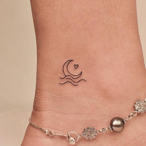 Tattoo Idea For Ankle, Tattoo Design For Ankle Women, Moon Tattoo Meaningful, Tiny Feet Tattoos For Women, Miniature Tattoo Ideas, Tatto On Ankle Woman, Small Heel Tattoo, Beautiful Ankle Tattoos, Moon On Ankle Tattoo