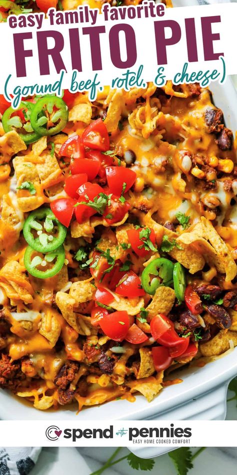 Frito Pie is an easy, delicious meal that the whole family will love! Layers of Fritos, seasoned beef, beans, tomatoes, corn & cheese, baked until the cheese is bubbly! #fritopie #spendwithpennies #fritotacopie #casserole Easy Delicious Casseroles, Frito Pie Recipe, Corn And Cheese, Fritos Corn Chips, Green Chili Recipes, Frito Pie, Corn Cheese, Best Chili Recipe, Cheap Meal Ideas