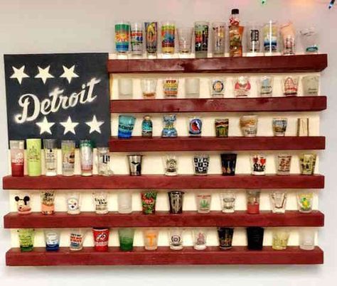 The 9 Coolest Shot Glass Display Ideas - Thrillist Shot Glass Display Ideas, Glasses Display Ideas, Glass Display Ideas, Display Ideas Retail, Shot Glass Display, Blue Jello Shots, Shot Glasses Display, Shot Glass Holder, Glass Shelves In Bathroom