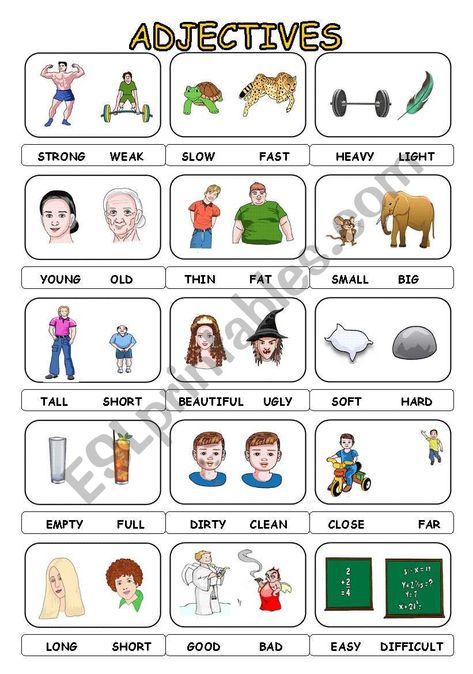 Adjectives For Kids, Opposite Words For Kids, Opposite Adjectives, Teaching Adjectives, Adjectives Activities, English Grammar For Kids, English Adjectives, Grammar For Kids, Opposite Words