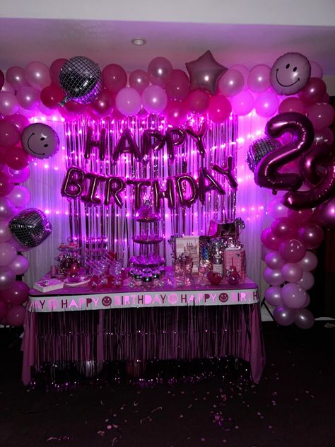 Girly Birthday Decorations Pink, Pink 22nd Birthday Party, Barbie 18th Birthday Party Cake, 18th Birthday Party Backdrop Ideas, Hot Pink Birthday Decorations Ideas, Airbnb Birthday Party Decorations, Birthday Party House Decorations, Baddie Birthday Decorations, Hot Pink Birthday Party Decorations