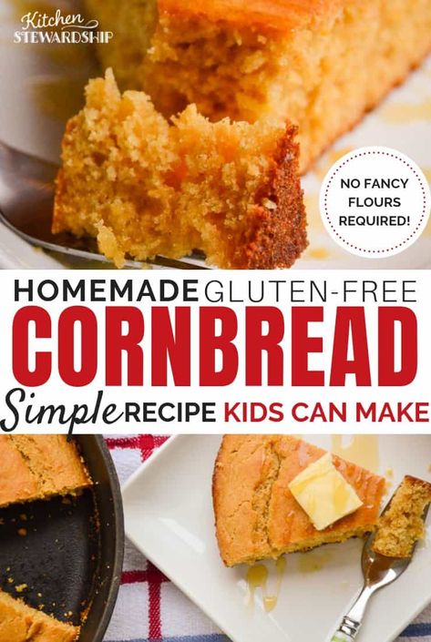 Just cornmeal. That's all you need for perfectly moist gluten-free cornbread - no additional flours to juggle! So easy, my 10-year-old can bake it himself. Maize Flour Recipes, Diy Cornbread, Teach Kids To Cook, Corn Flour Recipes, Gluten Free Bread Maker, Gallstone Diet, Gluten Free Cornbread Recipe, Family Camping Ideas, Cornmeal Recipes