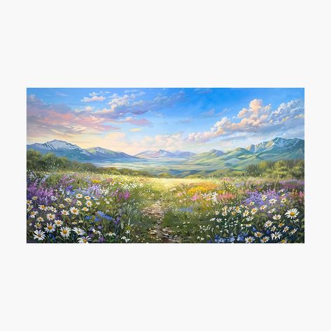 Get my art printed on awesome products. Support me at Redbubble #RBandME: https://www.redbubble.com/i/photographic-print/Dreamy-Landscape-Painting-Endless-Field-with-Wildflowers-and-Distant-Mountains-by-jozefinszucs/160582298.6Q0TX?asc=u Wildflower Landscape Painting, Mountain Landscape Photography Horizontal, Landscape Paintings Horizontal, Endless Field, Floral Landscape Painting, Horizontal Painting, Distant Mountains, Mountain Landscape Photography, Dreamy Landscapes