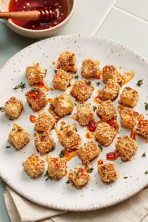 Hot Honey Feta Bites, Baked Feta Bites, Vegetarian Entertaining Recipes, Sesame Feta, Crispy Feta, Feta Bites, Eating Well Recipes, Honey Sesame, Dessert Smoothie