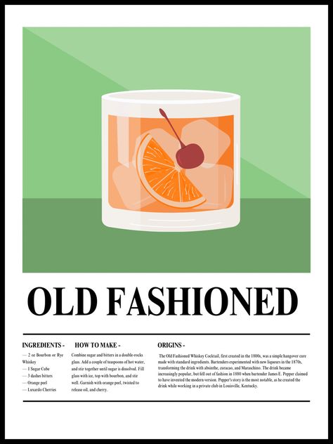 Cocktail Posters Vintage, Old Fashioned Cocktail Illustration, Cocktail Poster Design Graphics, Oldfashion Cocktail, Vintage Cocktail Poster, Bar Poster Design, Whiskey Illustration, Retro Cocktails, Whiskey Poster