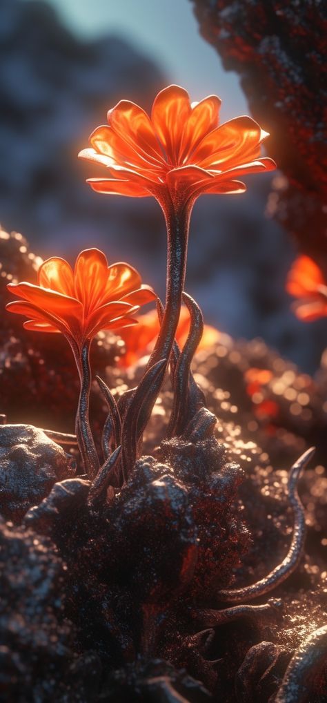 Magical metallic flowers that grow on hot volcanic lava Lava World Fantasy Art, Fire Magic Art, Lava Magic, Lava Queen, Lava Aesthetic, Lava Tree, Surrealist Portrait, Small Feminine Tattoos, Metallic Flowers