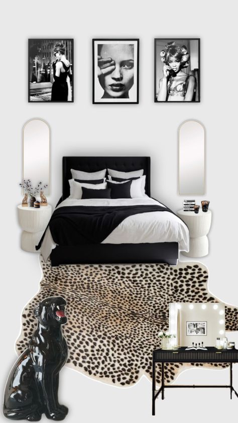 Modern black and white room with hints of gold Black White Brown Gold Bedroom, Gold Accent Room Aesthetic, Gold And Black Bedroom Decor Ideas, Black Chic Room Decor, Room Aesthetic Ideas Vintage, Black And White Vanity Room, Black And White Wall Bedroom, Dark Preppy Room, Gold White And Black Bedroom