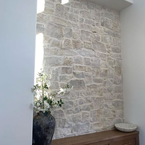 Beehive Brick and  Stone on Instagram: "Our beautiful Bonneville natural stone was used throughout the exterior and interior of this home" Heavy Mortar Stone Exterior, Exposed Stone Interior, Entryway Stone Walls, Plastered Brick Wall, Limewash Stone Interior, Whitewashed Stone Exterior, Internal Stone Wall, Stone Foyer Wall Entryway, Add Stone To House Exterior