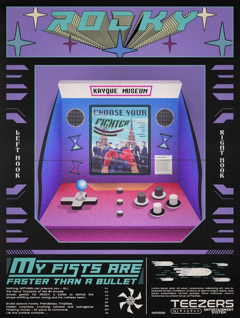 Arcade Layout Design, Retro Arcade Design, Ateez Poster Prints, Arcade Design Graphic, Arcade Graphic Design, Arcade Poster Graphic Design, Ateez Poster, Retro Futuristic Poster Design, 80s 90s Aesthetic