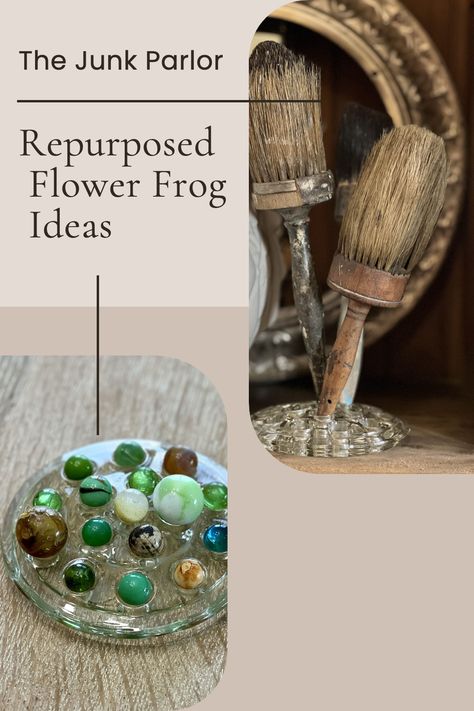 Discover the charm of upcycling with our 'Repurposed Flower Frog Ideas' at The Junk Parlor! Breathe new life into your décor and transform your space into a cozy, vintage-inspired haven. Add a touch of whimsy and a splash of creativity to your home - it's time to embark on this repurposing journey today! How To Use Flower Frogs, Vintage Planters Repurposed, Glass Flower Frog Ideas, Flower Frog Display, Flower Frogs Vintage, Wall Pocket Ideas, Vintage Repurposed Items, Decorating With Vintage Items, Frog Ideas