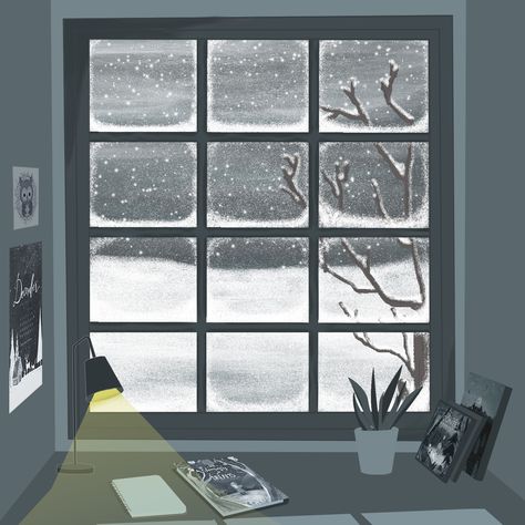 Snowy Window Illustration, Snowy Window Drawing, Cute Window Drawing, Snowy Background Drawing, Winter Window Drawing, Pantone Painting, Lofi Animation, Window Sketch, Snowy Window