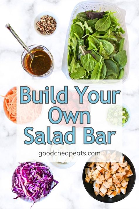 salad bar image, with text overlay. Salad Bar Toppings, Salad Bar At Home, Salad Bar Party, Build Your Own Salad, Party Table Food, Grab And Go Breakfast Ideas, Table Food Ideas, Last Minute Dinner Ideas, Salad Bar Ideas