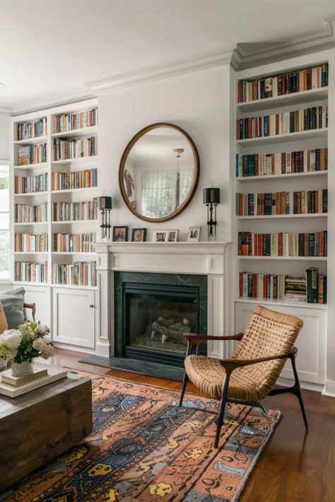 17 Fireplace Built-In Ideas That Don’t Suck Fireplace With Bookcase On One Side, Fireplace With Bookshelf On One Side, One Sided Built In Fireplace, Bookcase Fireplace Wall Built Ins, Fireplace In Library, Fireplace And Bookcases Built Ins, Bookcases Next To Fireplace, Recessed Fireplace With Built Ins, Diy Built Ins Around Fireplace