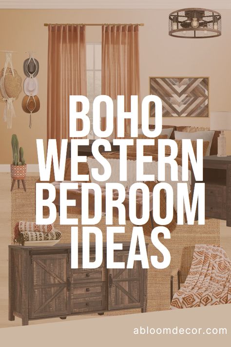 This post is all about my Boho Western bedroom ideas! I grew up in the Southwest and am a big fan of Western decor. This Western bedroom design makes me feel very nostalgic and reminiscent of all the Southwestern decor I have seen throughout most of my life. In my blog post I explain each element that makes up this master bedroom idea. If you’re a cowgirl or a country lover, I think you will really love these ideas! #westernbedroom #westerndecor Boho And Western Bedroom, Western Bedding Bohemian, Country Boho Bedroom Ideas, Western Style Bedroom Ideas, Western Theme Bedroom Ideas, Teen Western Bedroom, Above Bed Decor Western Boho, Southwest Bedroom Ideas, Western Master Room Bedroom Ideas