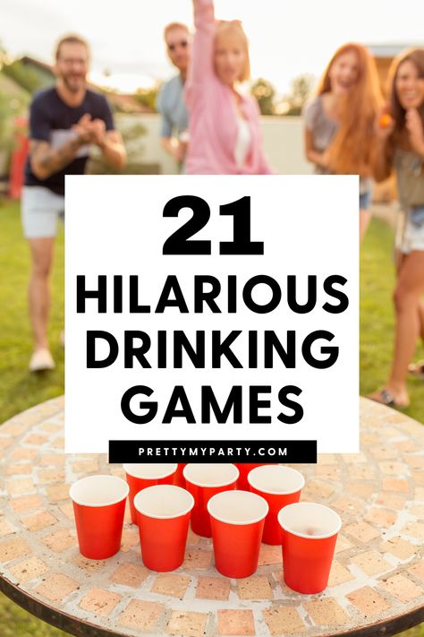 21 fun drinking games to get any party started on www.prettymyparty.com #fundrinkinggames #partygames #adultpartygames Beer Fest Games, Wheel Of Fortune Drinking Game, Drinking Party Games For Adults, Drinking Games For Large Groups, Minute To Win It Drinking Games, Hunger Games Drinking Game, Drinking Olympics Games, Drunk Games For Adults, College Drinking Games