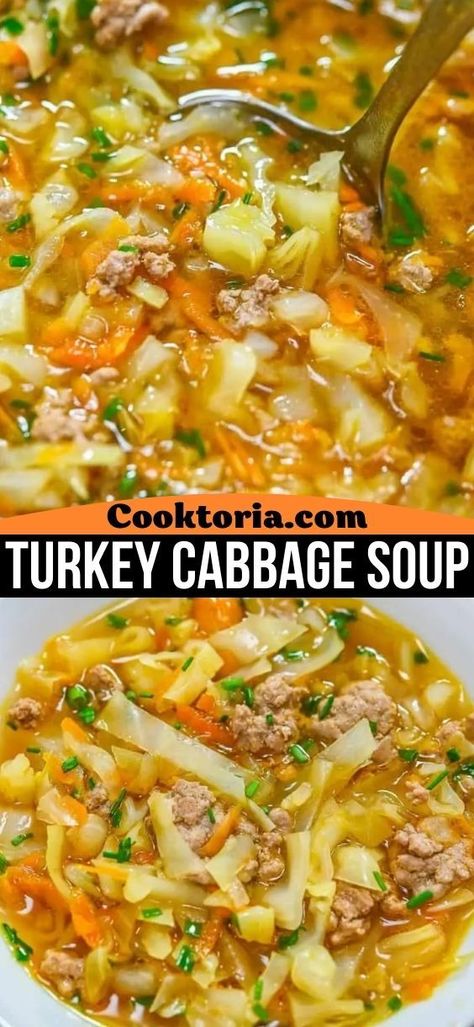 This Turkey Cabbage Soup is a delicious Asian-inspired dish that will warm you from the inside out. Flavorful and full of tender veggies and turkey, it's savory with just a touch of heat. FOLLOW Cooktoria for more deliciousness! If you try my recipes - share photos with me, I ALWAYS check! Turkey Burger And Cabbage Recipes, Cabbage Turkey Soup, Cabbage Soup With Ground Turkey, Ground Turkey Cabbage Soup, Sausage Recipes Soup, Turkey Cabbage Soup, Sunday Dress Church, Turkey And Cabbage, Turkey Cabbage