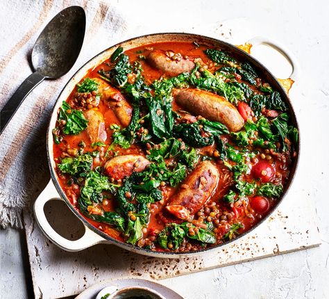 Sausage and Lentils Recipe with Kale Puy Lentil Recipes, Best Lentil Recipes, Vegeterian Dishes, Lentil Stew Recipes, Easy Sausage Recipes, Puy Lentils, Sausage Casserole Recipes, Lentils Recipe, Soup Recipes Easy