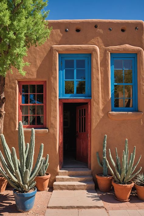 Art in the High Desert: Exploring the Vibrant Art Scene of Santa Fe Modern New Mexico Home, New Mexico House Exterior, Santa Fe New Mexico Homes, Santa Fe New Mexico Aesthetic, Santa Fe Aesthetic, Arizona Farm, New Mexico Architecture, Santa Fe Architecture, Pueblo Style House