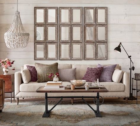 Aiden Large Wall Mirror from pottery barn. 6 paned wall mirror with rustic feel, wood frame natural tone. Mirror accent wall. #afflink Mirror Over Couch, Window Mirror Decor, Wall Behind Couch, Dollar Tree Mirrors, Couch Wall Decor, Window Pane Mirror, Behind Couch, Above Couch, Mirror Design Wall