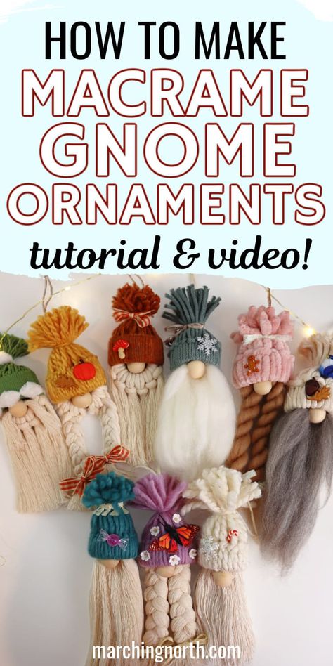 Macrame Gnome Ornament Tutorial, Fun Macrame Projects, Macrame Gonk Tutorial, Macrame Christmas Trees Diy, Macrame Gnome Ornament Diy, Elf Gnome Diy, Gnome Macrame Ornaments, Macrema Diy Beginner, Macrame Gonk