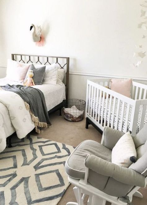 If you are in the midst of decorating a shared nursery, these 17 Shared Nursery Ideas will give you the design inspiration to create a space that is practical, smart and chic. Baby Room And Guest Room Combo, Mommy And Baby Room Combined, Nursery Bedroom Combo, Shared Baby Rooms, Nursery Guest Room Combo, Baby 2025, Guest Room Combo, Shared Nursery, Nursery Guest Room