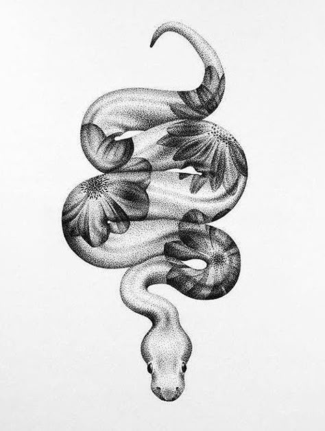 Black And White Snake Drawing, Stipple Tattoo Design, How To Draw A Snake, Snakes And Flowers, Snake With Flowers, Snake Sketch, Petit Tattoo, Snake Drawing, Stippling Art