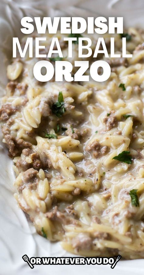 Swedish Meatball Hotdish, Orzo Stroganoff, Hamburger And Orzo Recipes, Cold Orzo Recipes, Orzo And Hamburger Recipes, Orzo And Ground Beef Recipes, Ground Beef And Orzo Recipe, Premade Meatball Recipes, Ground Beef Orzo Recipes