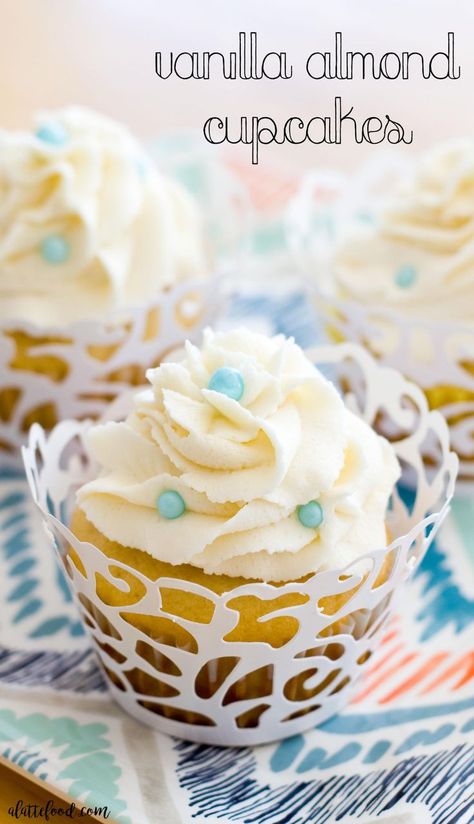 Vanilla Almond Cupcakes: These classic vanilla almond cupcakes are rich, decadent, and so delicious. Soft and dense and topped with the fluffiest frosting, these cupcakes are what dreams are made of. Frost Cupcakes, Almond Frosting, Almond Cupcakes, Fluffy Frosting, Fun Cupcake Recipes, Unique Cupcakes, Bridal Shower Cupcakes, Cupcake Flavors, Almond Flavor