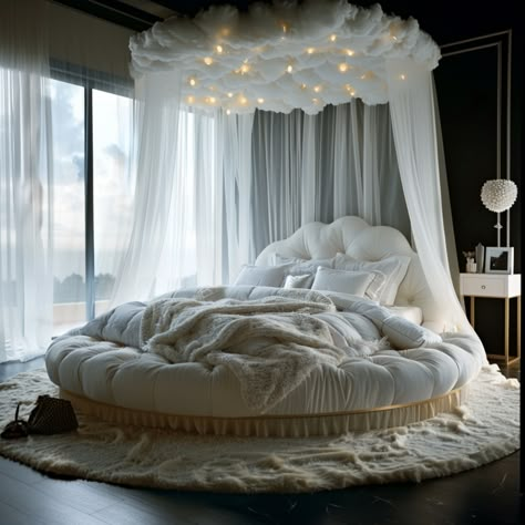 Dreamy Slumbers: Beds Designed to Float Amongst the Clouds Luxury Circle Bed, Circle Beds Aesthetic, Dreamy Room Ideas Aesthetic, Curcular Bed, King Floor Bed Ideas, Circle Shaped Bed, Circular Bed Frame, Bedroom Ideas Circle Bed, Floating Cloud Bed