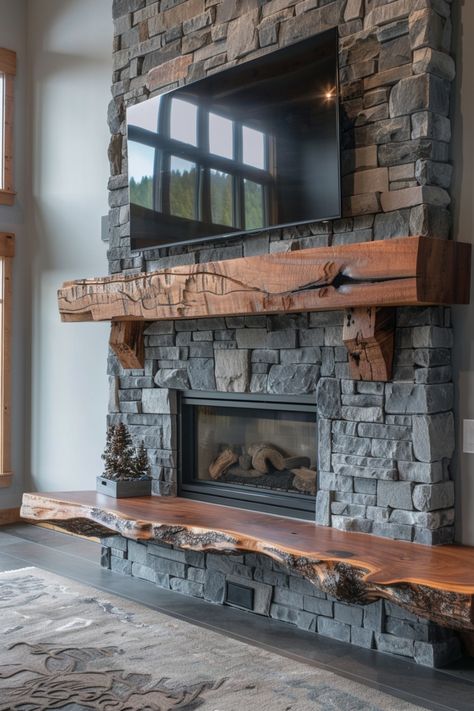 Upgrade your living area with trendy fireplace wall ideas, including a wall-mounted TV. Discover more inspirations in this article. Fireplace Stone Veneer Ideas, Rustic Farmhouse Fireplace With Tv, Fireplace Ideas For Low Ceilings, Diy Fireplace Wall Ideas, Fireplace Refacing Ideas, Fireplace Rock Ideas, Stone Wall Tv, Fireplace Stone Ideas, Faux Stone Wall Interior