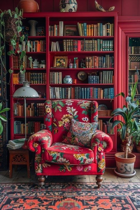 Maximalism Home, House Library, Red Chair, Maximalist Decor, Reading Nooks, Red House, Maximalism, Another World, Reading Nook