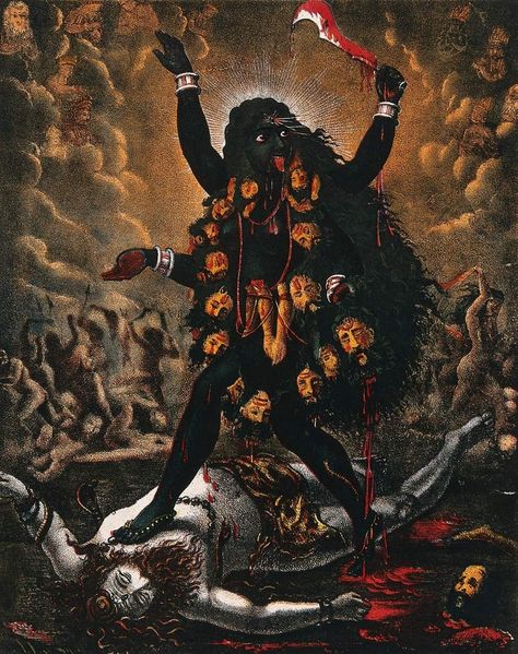 Kali ~ Chromolithograph, Calcutta Art Studio, c1885. Kali Dance, Kali Shiva, Goddess Kali Images, Indian Goddess Kali, Durga Kali, Mother Kali, Kali Mata, Kali Ma, Aadi Shakti