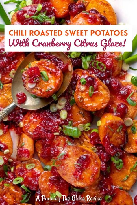 roasted sweet potato rounds topped with cranberry glaze and chopped scallions. Pecan Glaze, Citrus Glaze, Sweet Potato Recipes Roasted, Sweet Potato Thanksgiving, Glazed Sweet Potatoes, Healthy Low Fat Recipes, Baked Sweet Potatoes, The Cookie Rookie, Christmas Meal