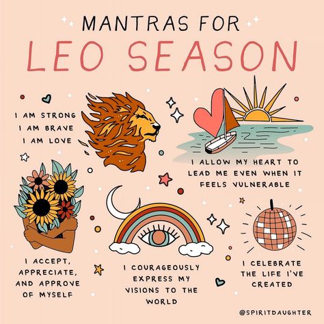 Mantras, or affirmations for Leo season. 3 days left! Do you feel the energy?  - I am strong. I am brave. I am love. - I allow my heart to lead me, even when it feels vulnerable. - I accept, appreciate and approve of myself. - I courageously express my visions to the world. - I celebrate the life I’ve created.  Affirmations are powerful in centering your energy and reprogramming your thoughts toward positivity. ➕ attracts ➕  Repeat, repeat, repeat!  XOXO, Sarina Papa 💖 Reset. Recharge. Refocus. Leo Szn, Zodiac Leo Art, Spirit Daughter, Leo Energy, Leo Astrology, Leo Zodiac Facts, Leo Sun, Astrology Leo, Leo Women